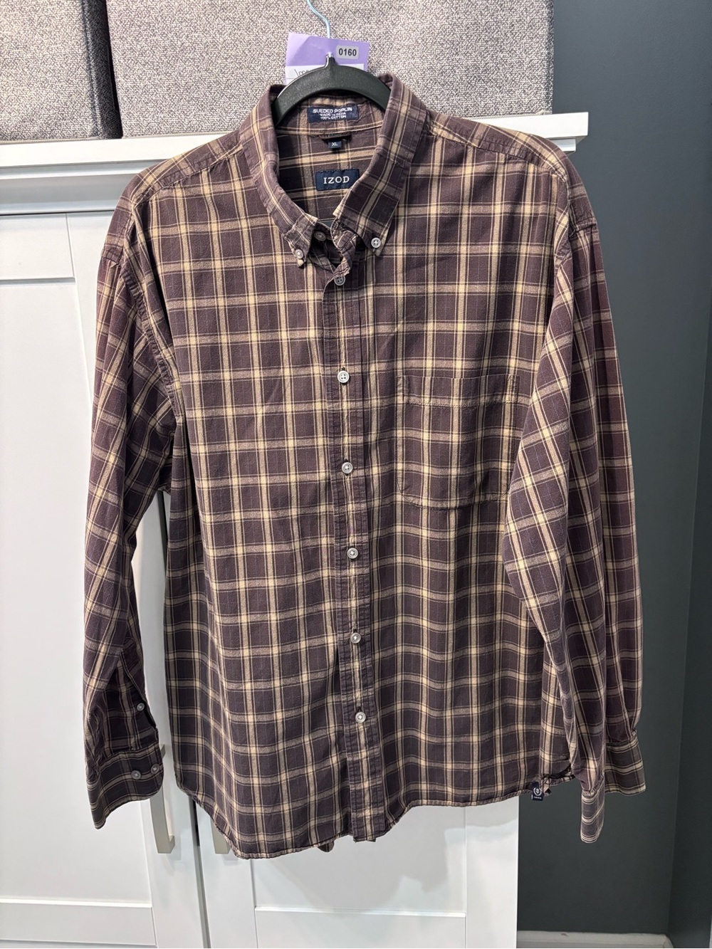 Izod Sueded Poplin Men's Brown and Tan Plaid Button-Down Shirt Size XL